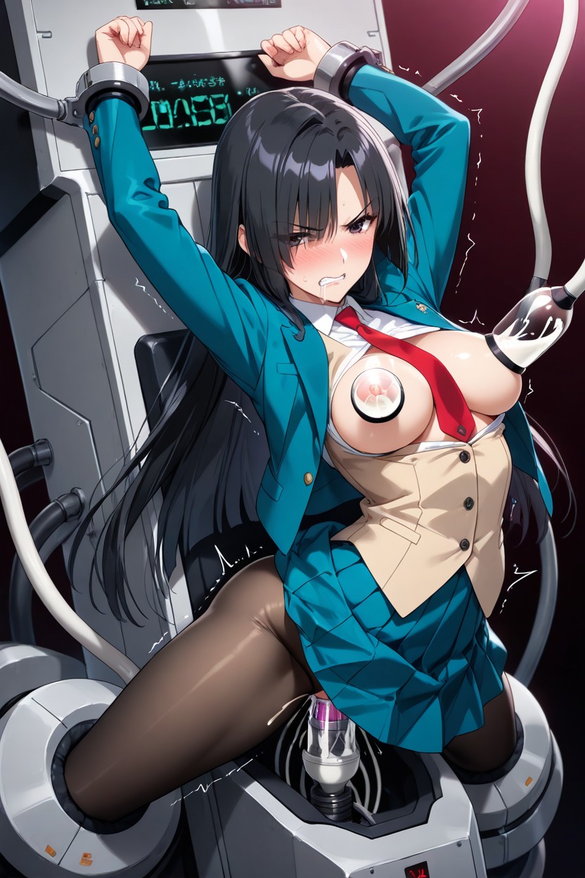 Medium Ass, Long Straight Black Hair Reaching Calves, Pleated Blue Skirt Hentai AI Porn