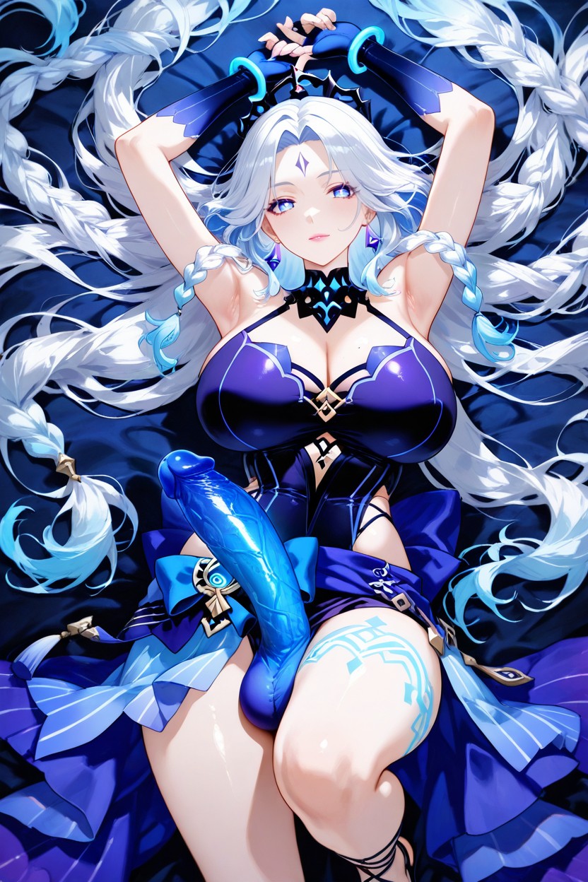 Natural Breast, Glowing Blue Rings Face Featuring Large, Her Hair Features Long Hentai AI Porn