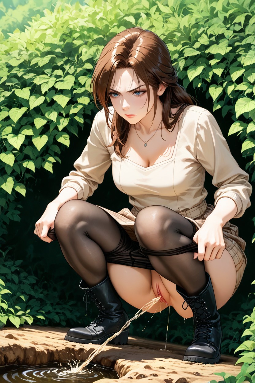 In Bushes, Elbows On Her Knees, Brown Long Hair Hentai AI Porn