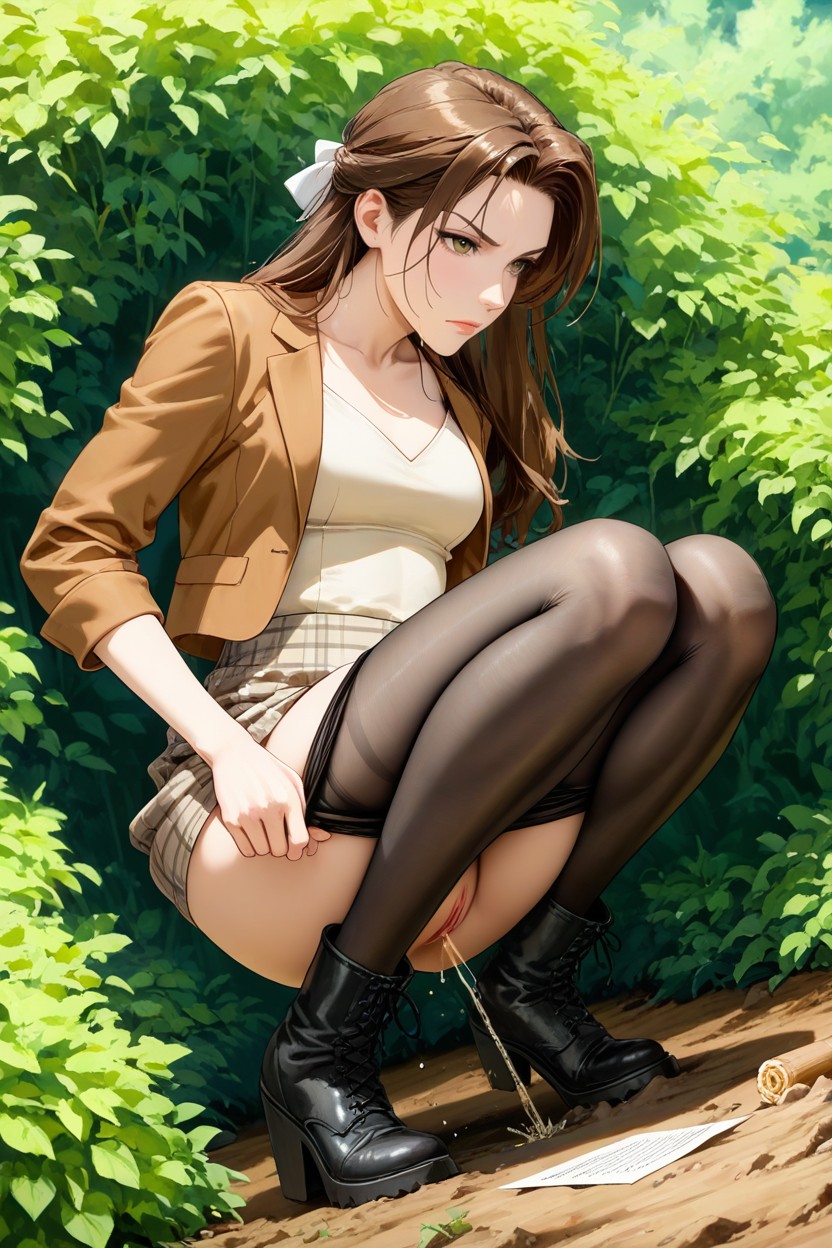 Hem Hangs Between Knees, Elegant Black Tights Pulled Down To The Knees, Looking Ahead Hentai AI Porn