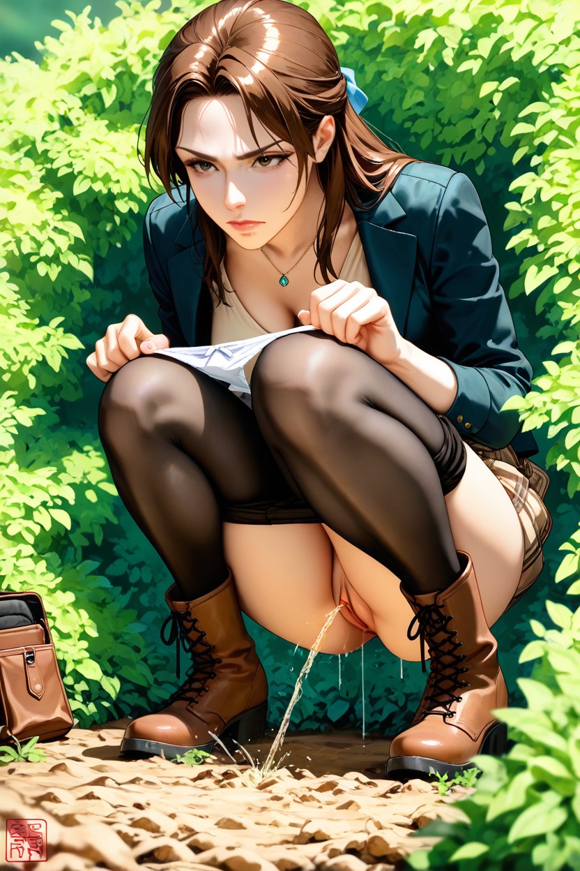 Alone In Frame, Beige Dress With Jacket Lifted To Waist, Boots Hentai AI Porn