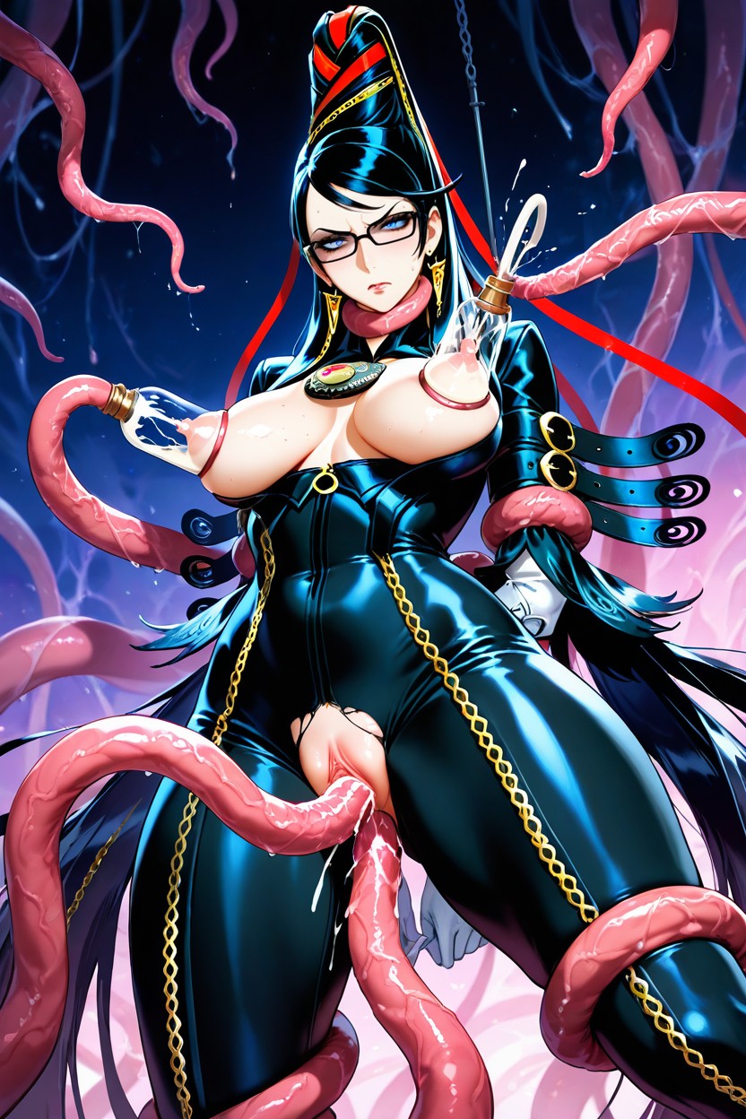 Sharp Eyes, Bored, Black Long Hair Styled Upward With Red Ribbons Hentai AI Porn