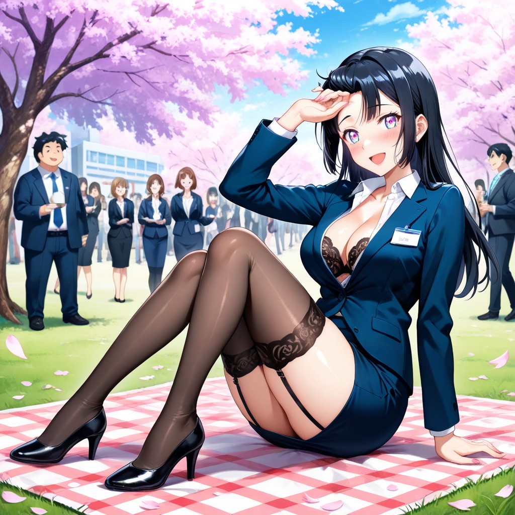 Long Black Hair, Lavender Color Eyes, Blooming Sakura Flower On Trees Hentai AI Porn