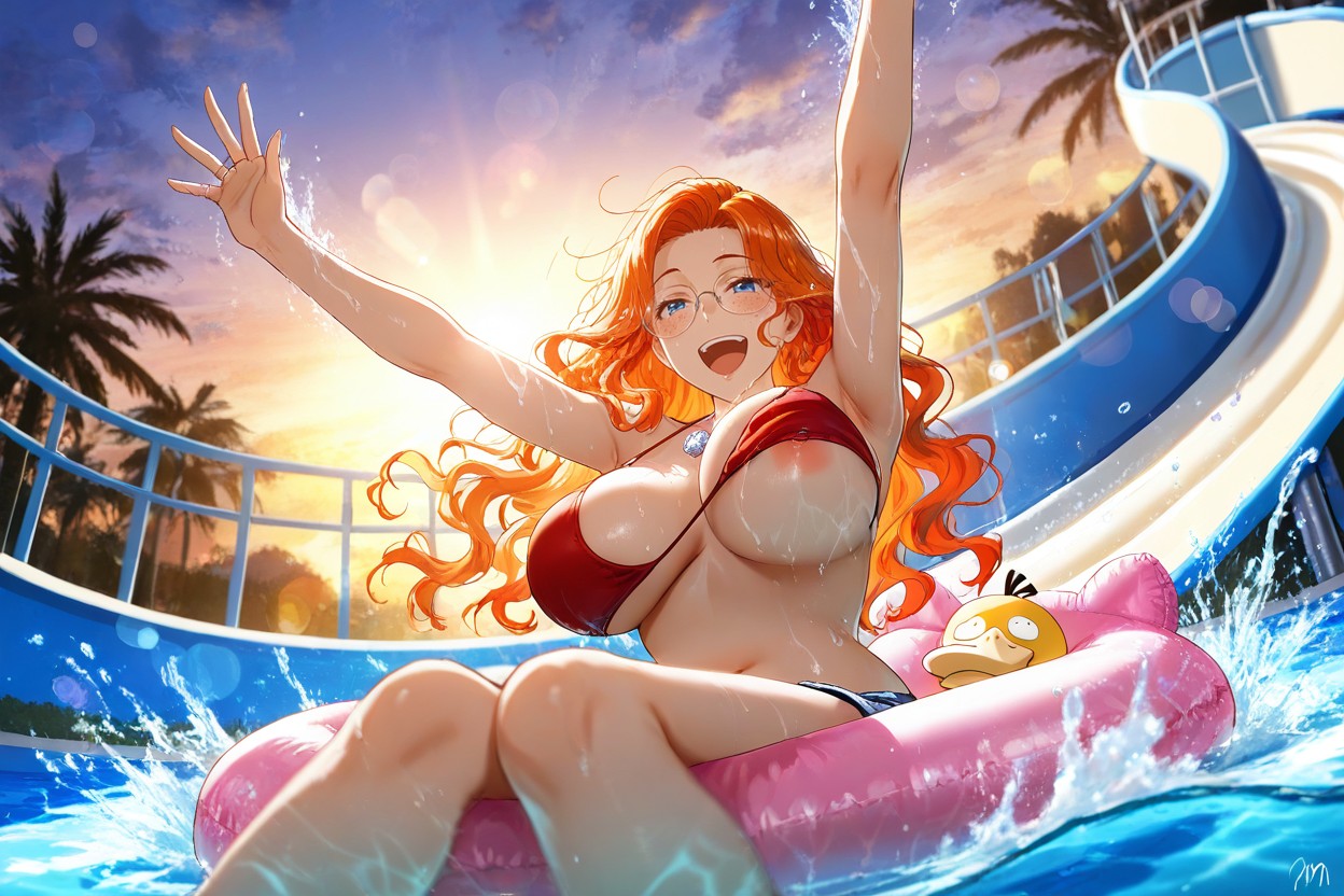 Sharp Focus On Face, Bikini Top Slipping Off, Golden Hour Hentai AI Porn