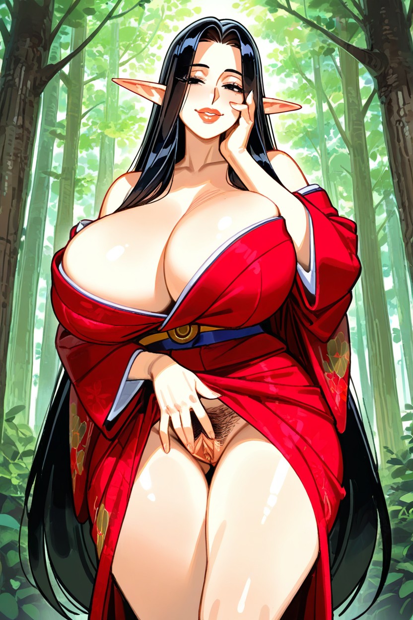 Long Straight Black Hair, Midriff, Bangs Hentai AI Porn