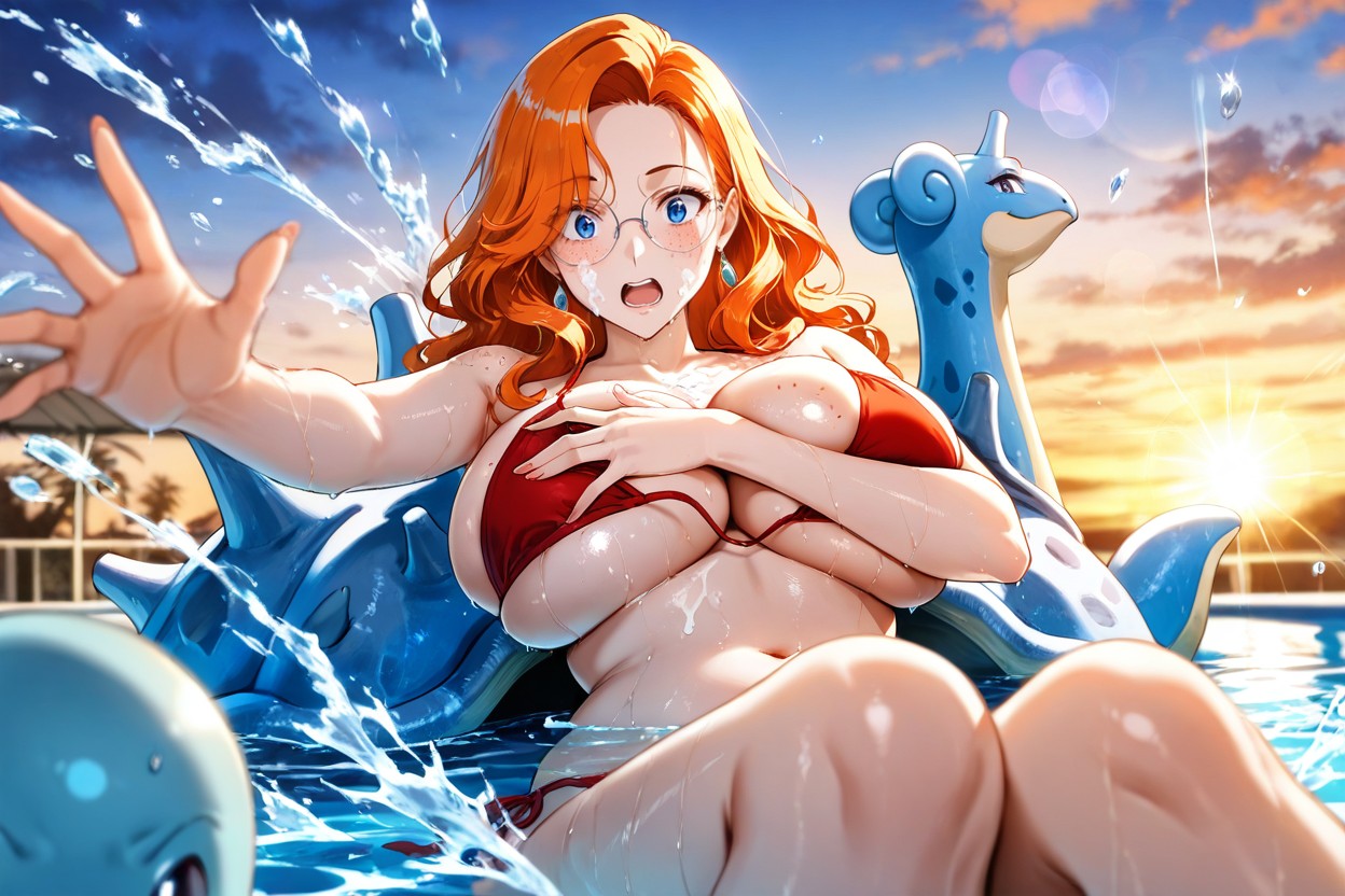 Warm Orange Violet Sky, Evening Poolside, Crimson Bikini Floating On Water Nearby Hentai AI Porn