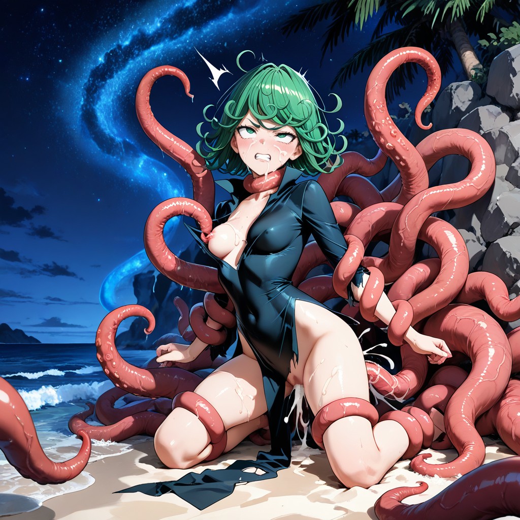 Tatsumaki Walking At Night On The Beach, Tentacles Restrained Her Arms And Legs, Tentacles Restrained Her Waist Porno IA Hentai