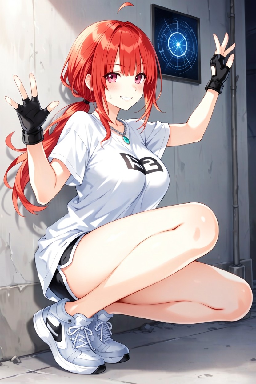 Center Flap Bangs:, Oversized White T-shirt:, Human Hentai AI Porn