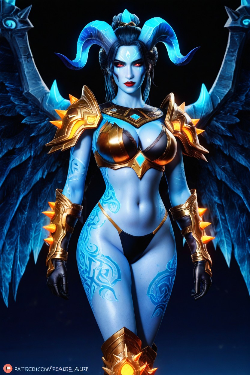 High Detailed Red And Gold Knee High Boots With Flame Like Motifs, Akasha From Dota, Bright Pale Azure Blue Skin Hentai AI Porn