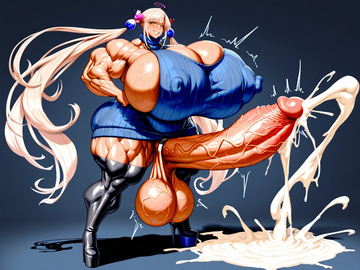 Hyper Huge Massive Muscles, Absurdly Oversized Veiny Futanari Cock, Blunt Bangs Hentai AI Porn