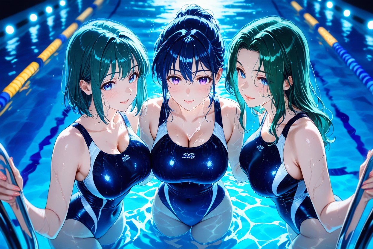 Anime Original Style Three Women, Blue Eyes, 3 People Hentai AI Porn