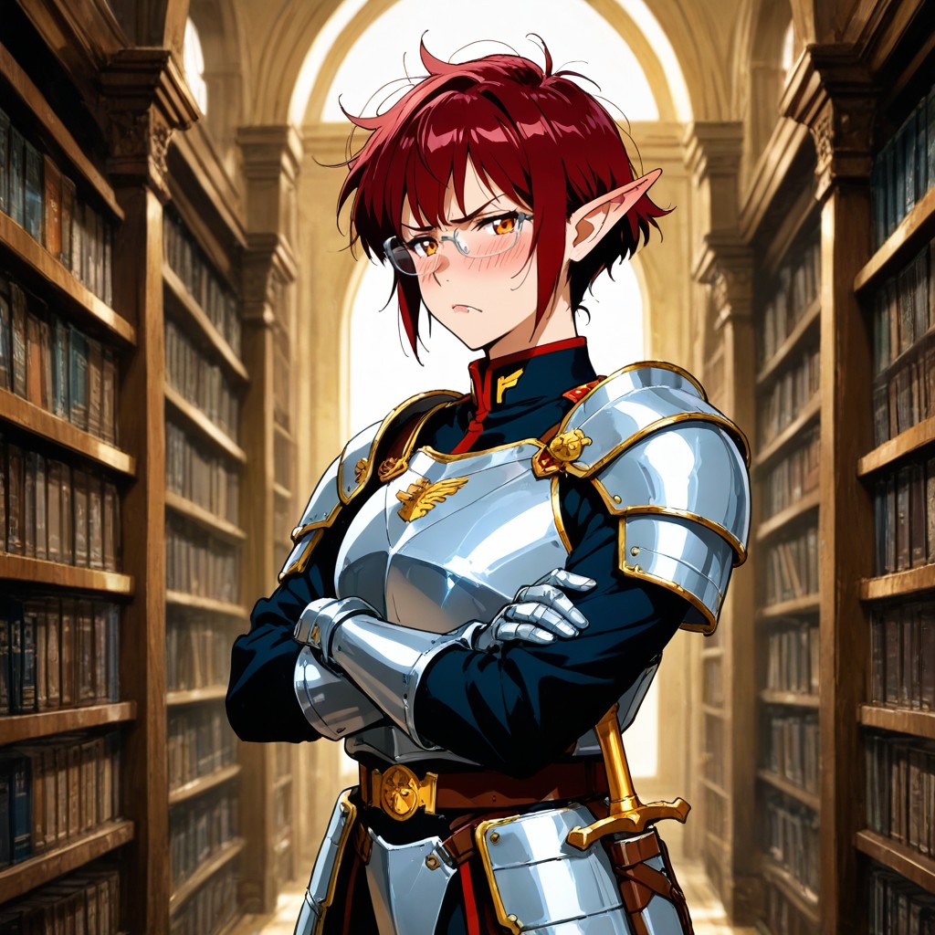 Library, Half Elf Female, Light Metal Armor Hentai AI Porn