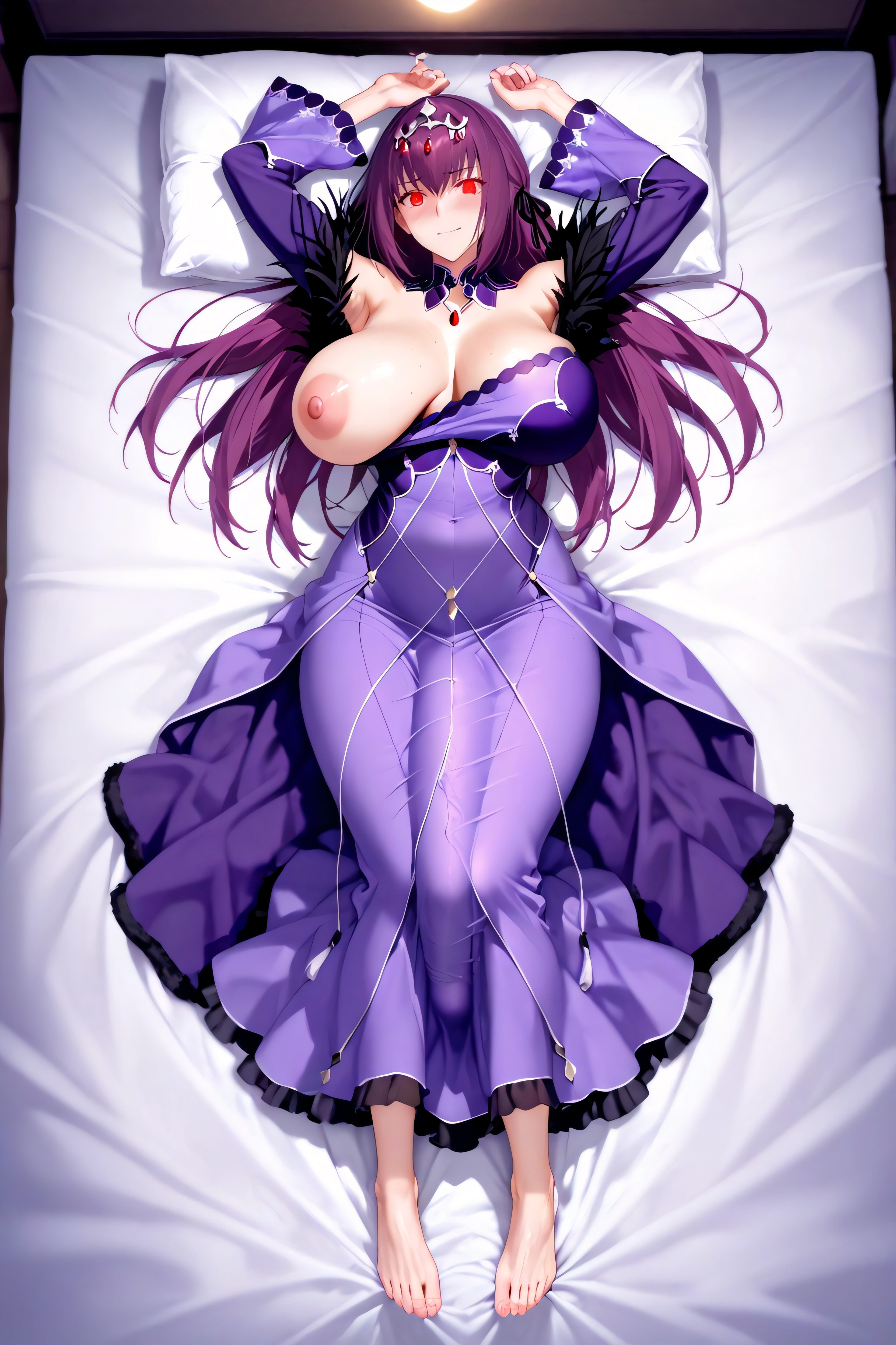 Lying Centered On A Plain White Bedsheet, Arm Raised To Her Brow While Her Legs Are Crossed, Perfect Fingers Hentai AI Porn
