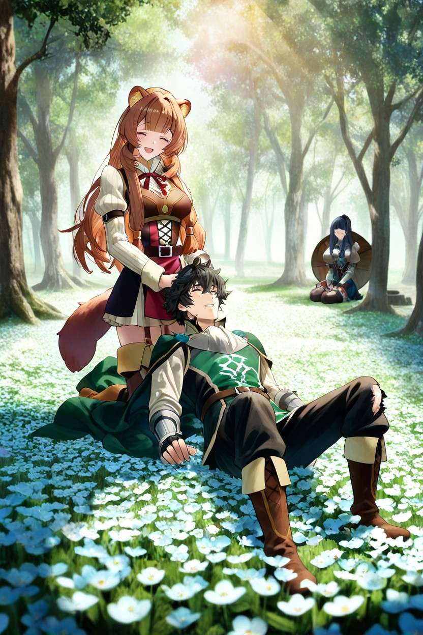General View, Both Have Torn Clothes, Standing On A Plain Full Of Flowers And Trees Hentai AI Porn