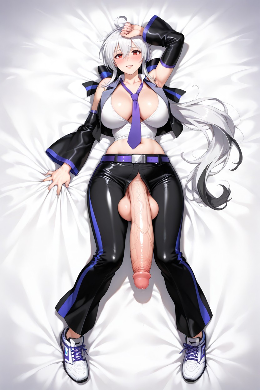Lying Centered On A Plain White Bedsheet, Nude Breasts, Very Long Black Penis Hentai AI Porn