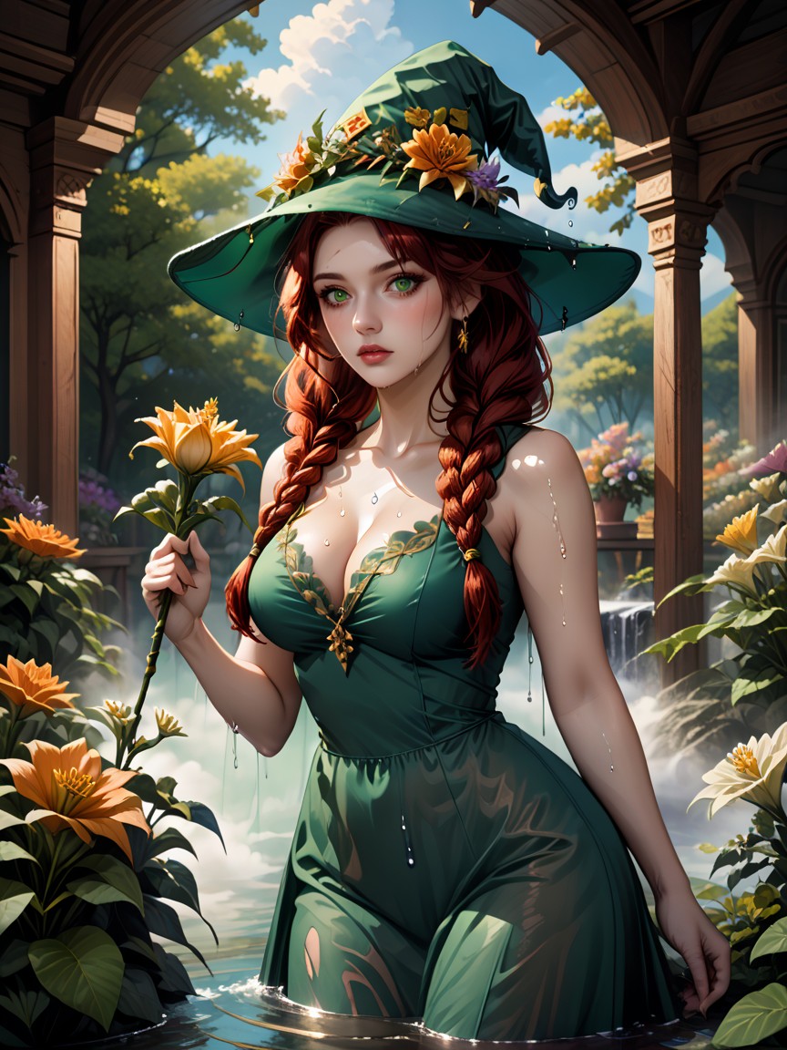 Green Witch Hat With Flowers On Brim, Cleavage, Mixture Of Colorful Plants Hentai AI Porn