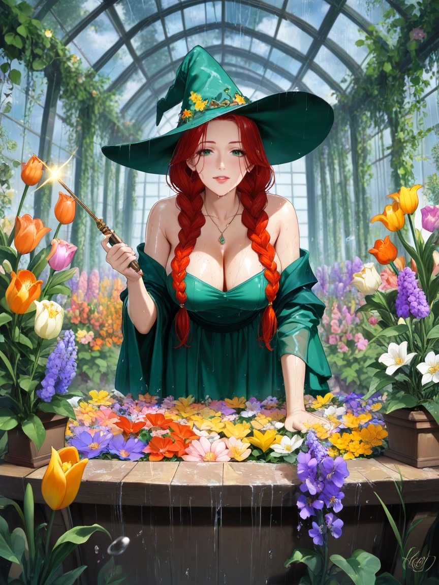 Purple Hollyhock, Green Witch Hat With Flowers On Brim, Colorful Tulips Hentai KI Porno