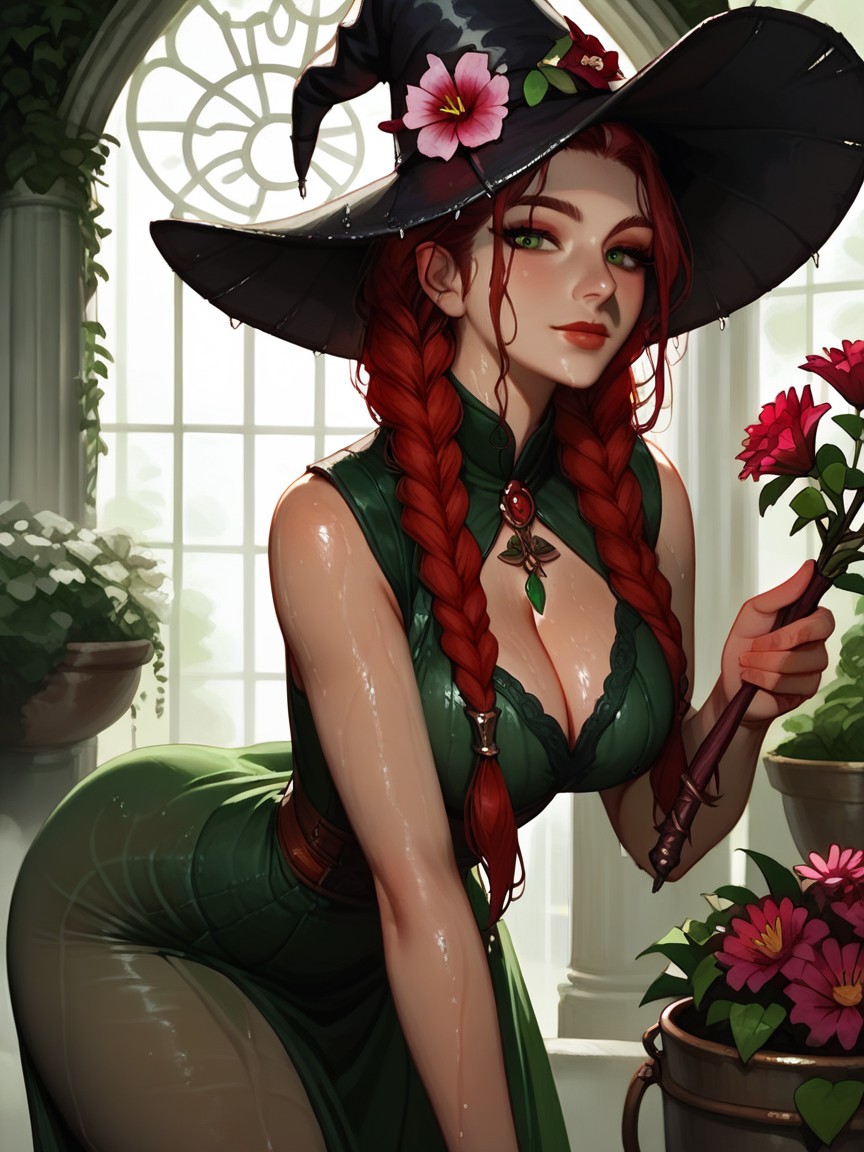 Hogwarts Style Greenhouse, In A Gigantic Greenhouse, Mixture Of Colorful Plants Hentai AI Porn