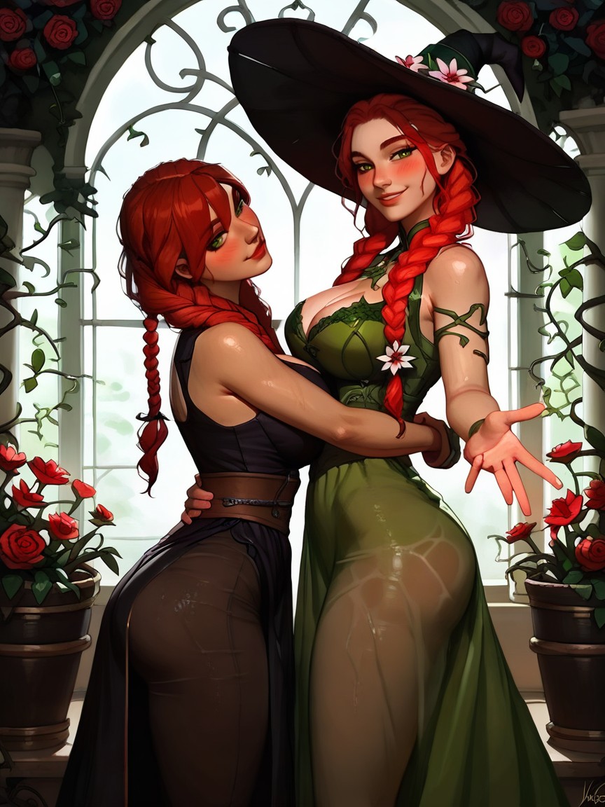 Green Witch Hat With Flowers On Brim, Green Vine Tentacles, Mischievous (smiling While Blushing) Hentai AI Porn