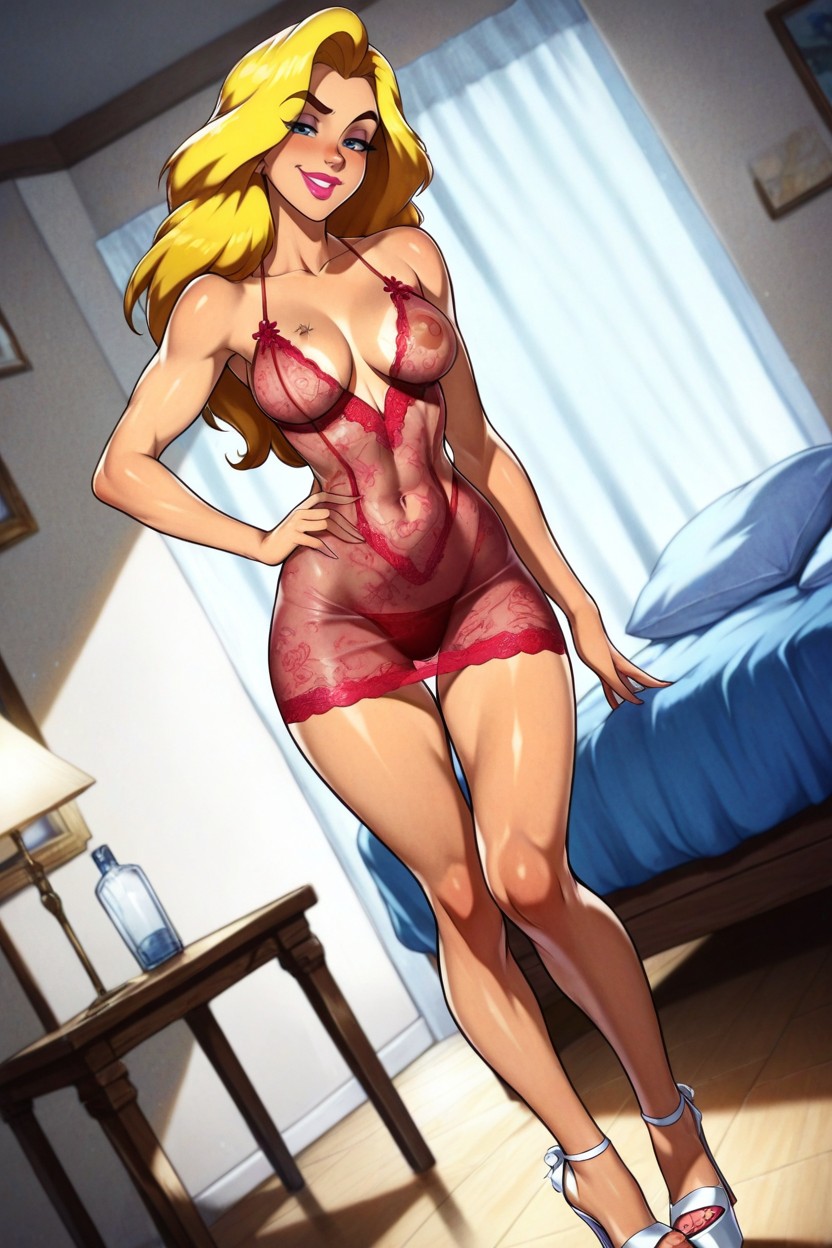 Modern Bedroom, In Front Of Huge Bed Filled With Pillows, Perfect Thigh Gap Hentai AI Porn