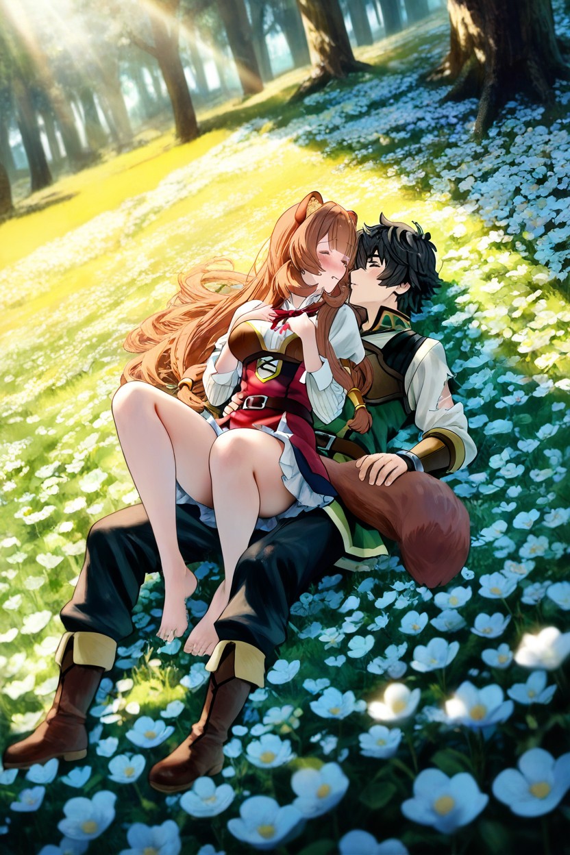 Naofumi And Raphtalia Appear Together In The Image, On A Plain Full Of Flowers And Trees, Betabeet Art Style Hentai AI Porn