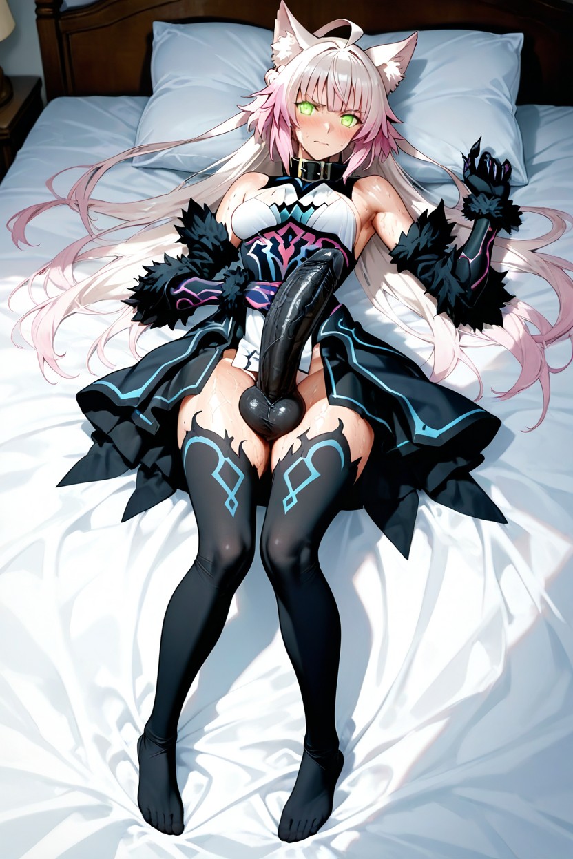 Sleeveless Black And White Ornate Dress Featuring Blue Filigree Accents, Glowing Eyes, Detailed Hands Hentai AI Porn