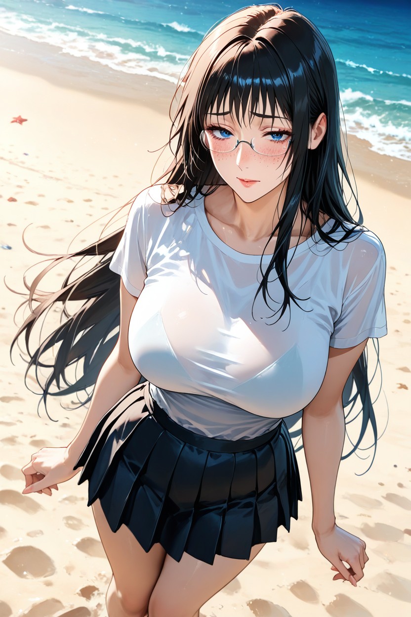 Freckle Face, Beach, Very Black Hair Hentai AI Porn