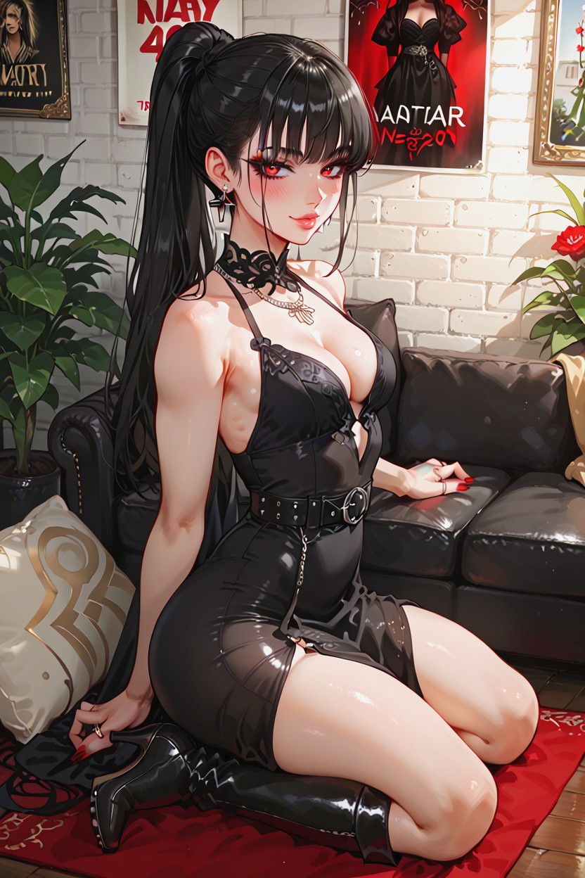 High Resolution, Long Side Bangs, Black Dress Hentai AI Porn