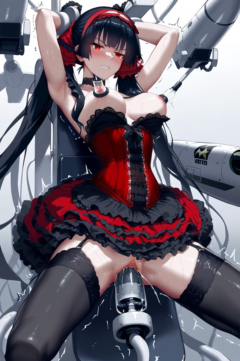 Restrained, Dark Red Layered Ruffles, Red Corset With Black Lace Details Hentai AI Porn