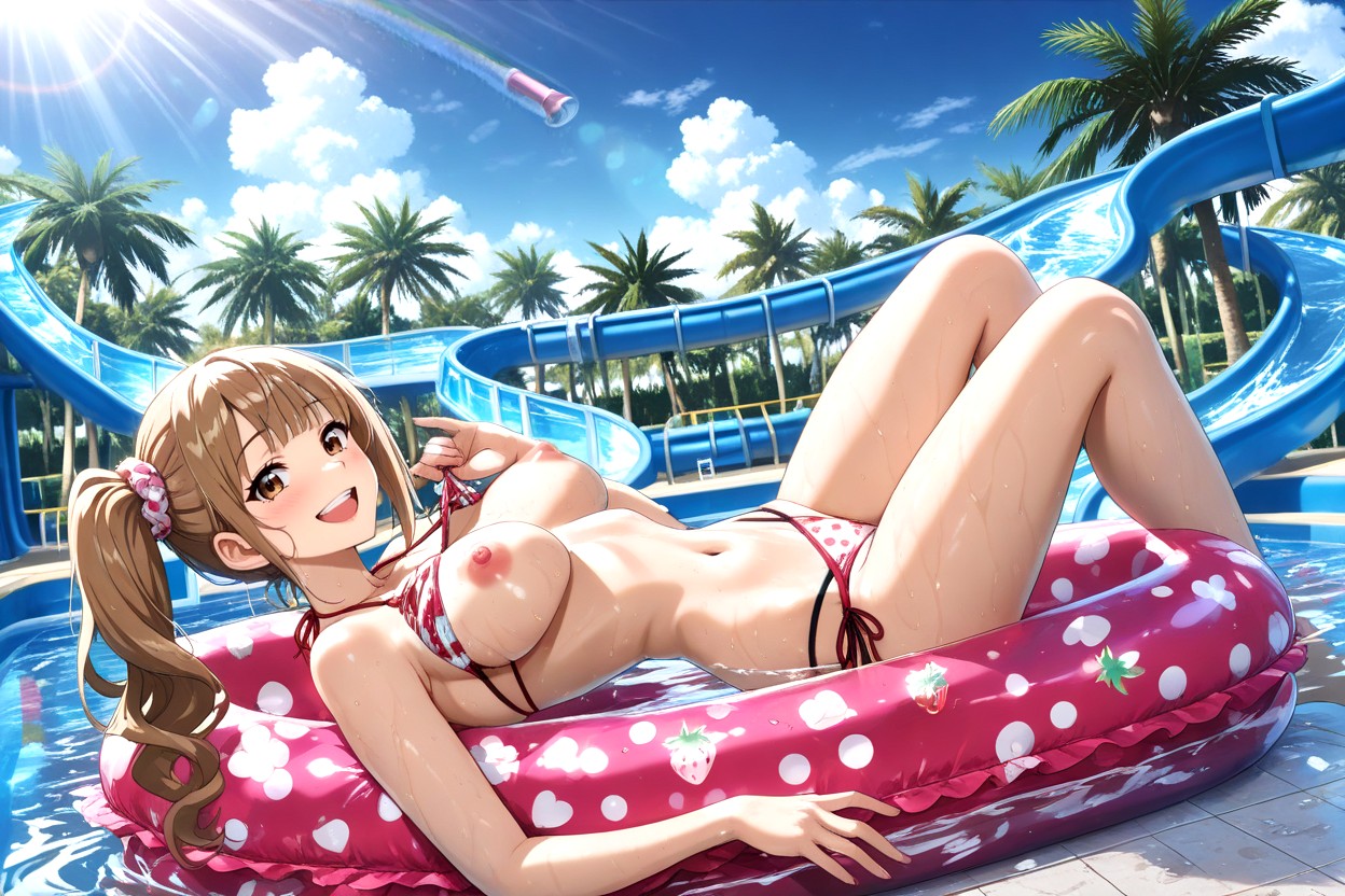 Wispy Hair Bangs, Two Tone White And Pink Strawberry Print Bikini Bottom, High Side Ponytail Hentai AI Porn