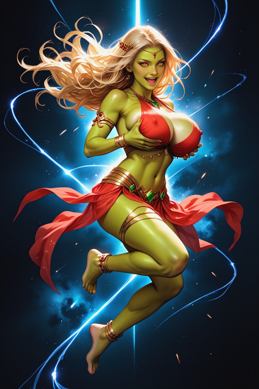Wavy Blonde Hair, Amber Eyes, Glowing Accessories Hentai AI Porn