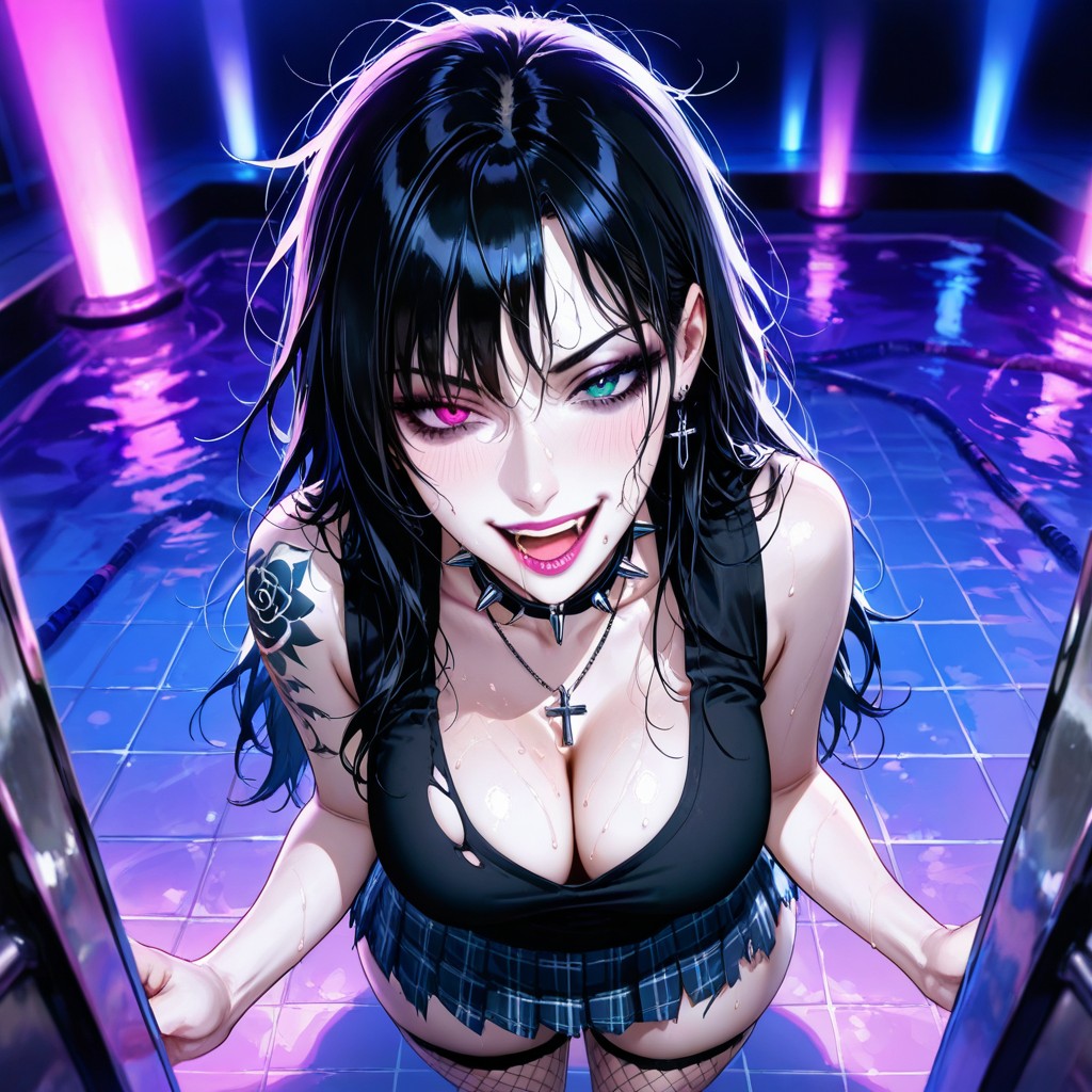 Wide Hips, Cross Necklace, Purple And Blue Hues From Neon Lamp Hentai AI Porn