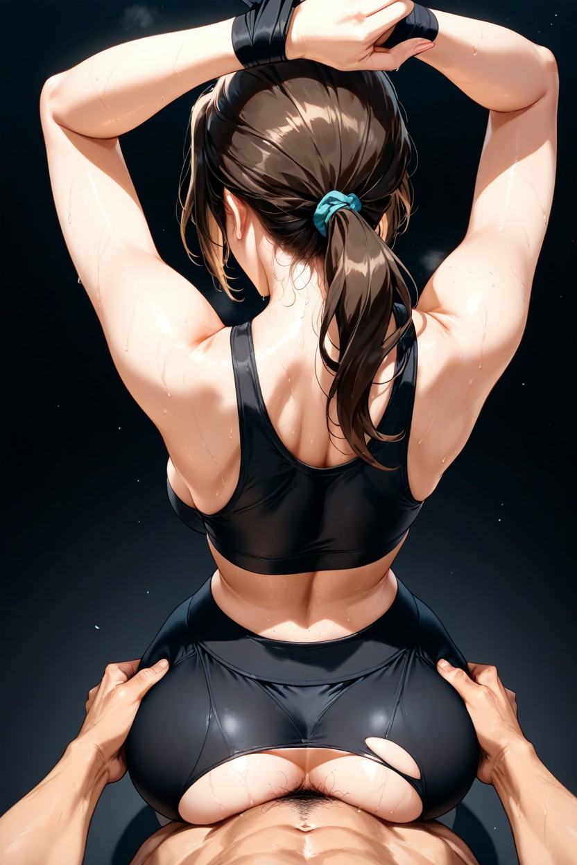 Ripped Black Yoga, Man Behind Woman Fucking Ass, Woman Arms Tied Above Head Hentai AI Porn