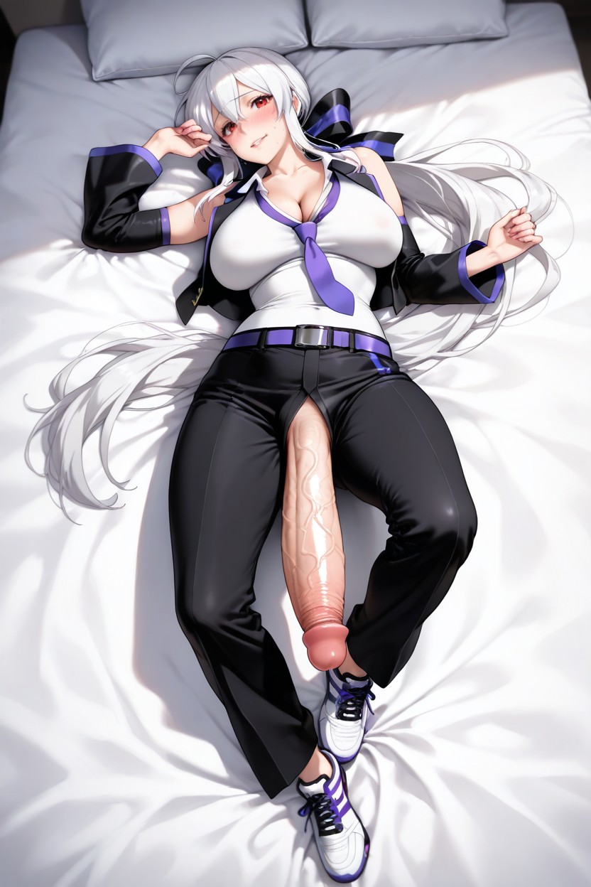 And Low-rise Unizpped Black Trousers Accented By A Purple Belt And Hip Strap And Tennis Shoes, Arm Raised To Her Brow, Nude Breasts Hentai AI Porn