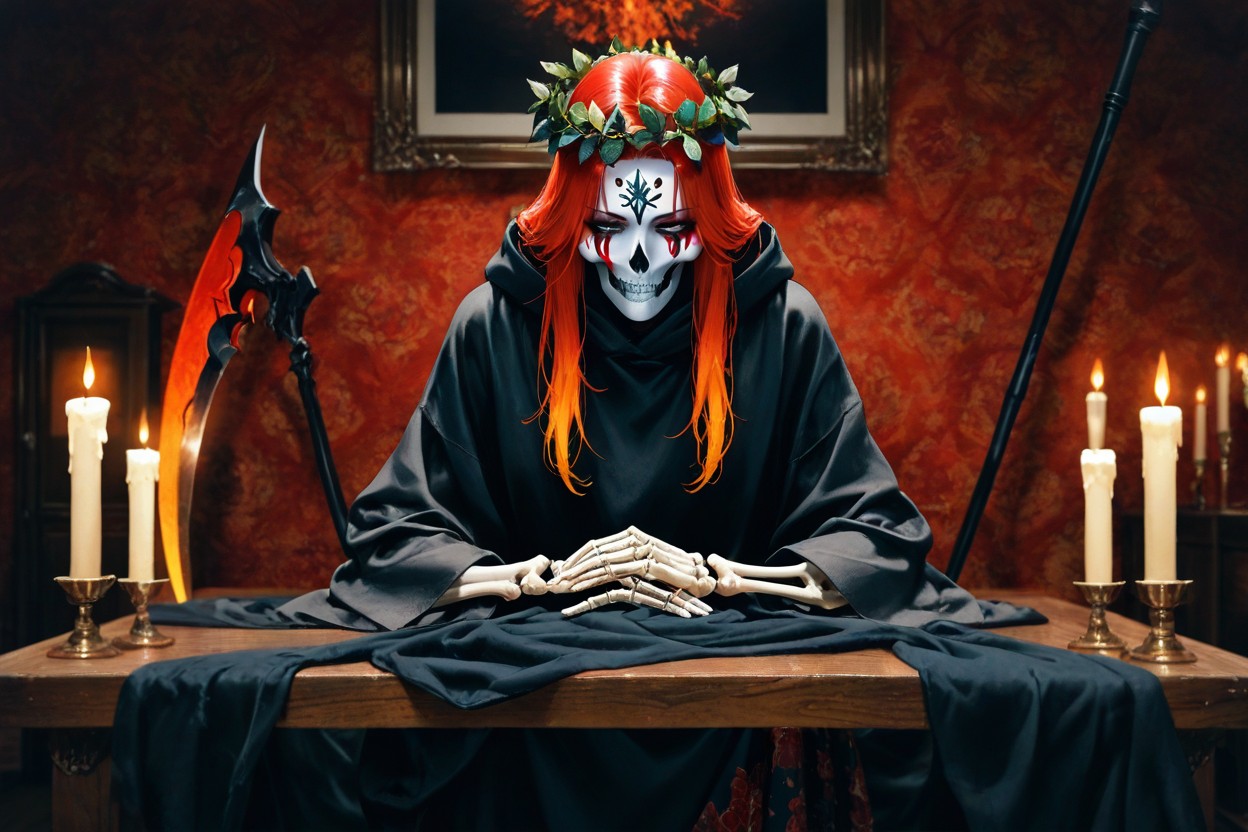 Sharp Focus On Woman, Left Skeletal Hand Gripping Long Scythe Handle, Scattered Old Polaroid Photos On Table Hentai AI Porn