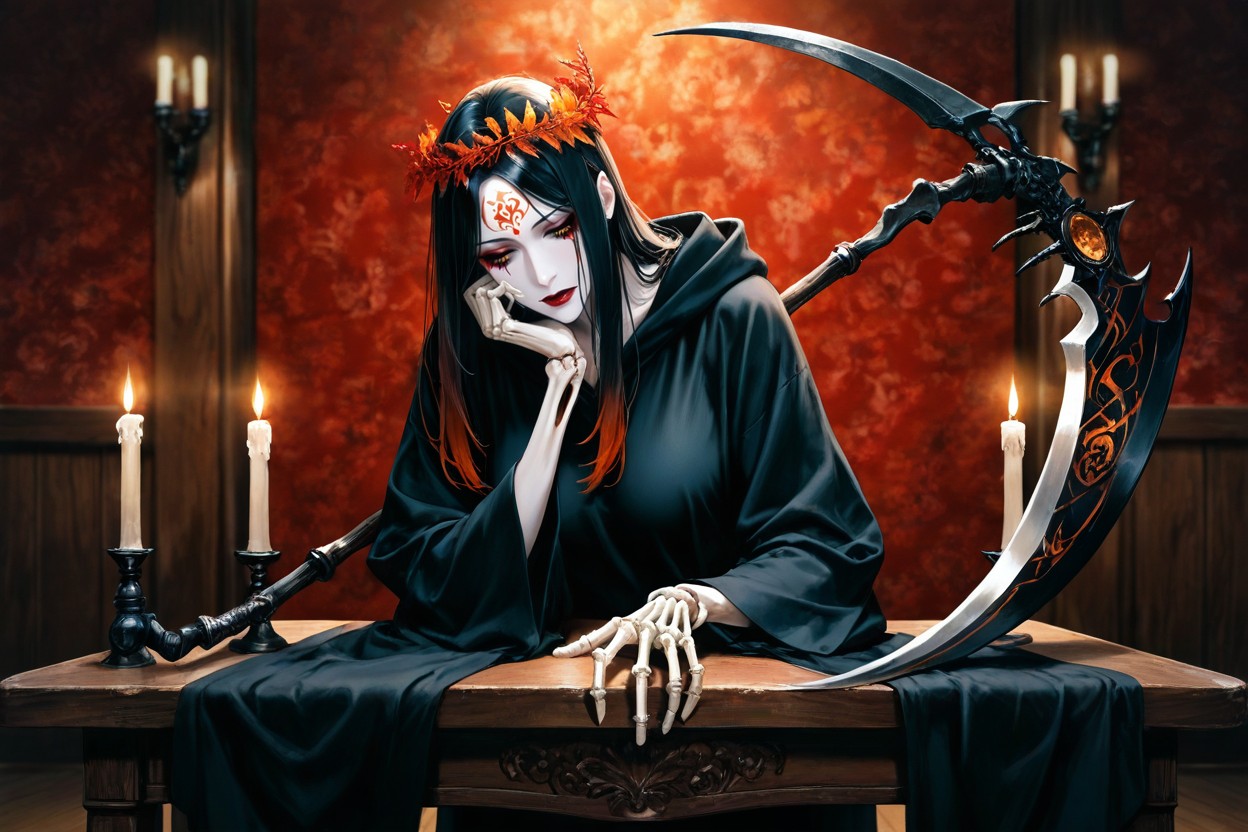 Right Skeletal Hand Resting On Table, Dark Luxurious Room, Warm Amber Glow Hentai AI Porn