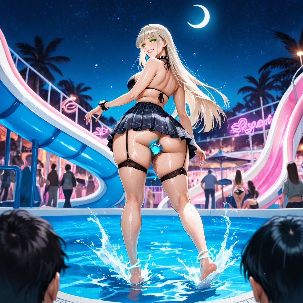 Many People Around, Waterpark, Cyan And Pink Hues Neon Light Illuminating Her Body Hentai AI Porn