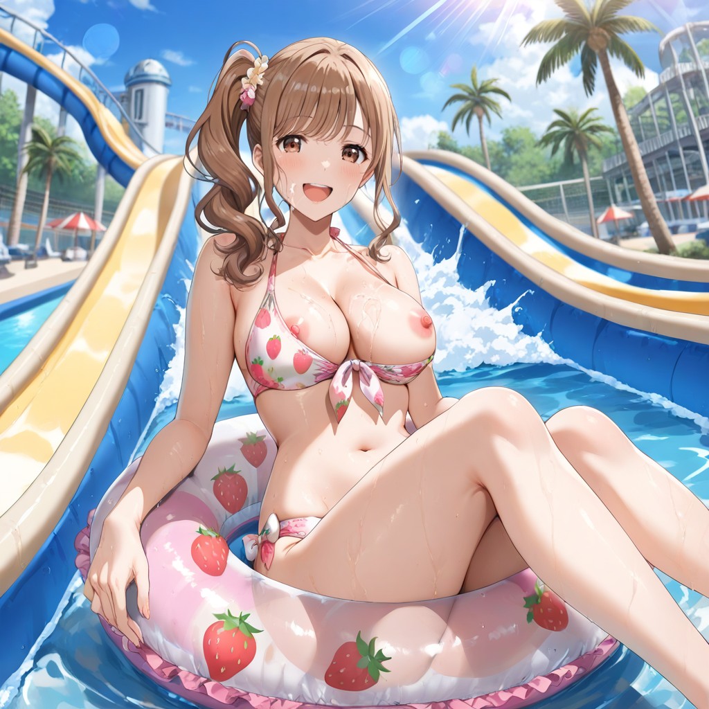 Pool Lounge Chairs, High Side Ponytail, Sliding Down Water Slide Hentai AI Porn