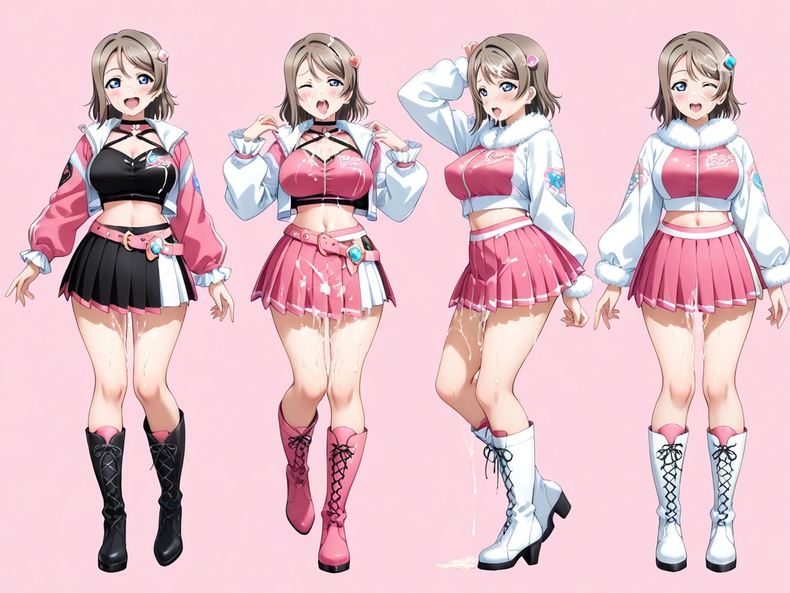 Black Crop Top Tied In A Knot At The Front, Layered Skirt Panels, Matching Thigh Accents Hentai AI Porn