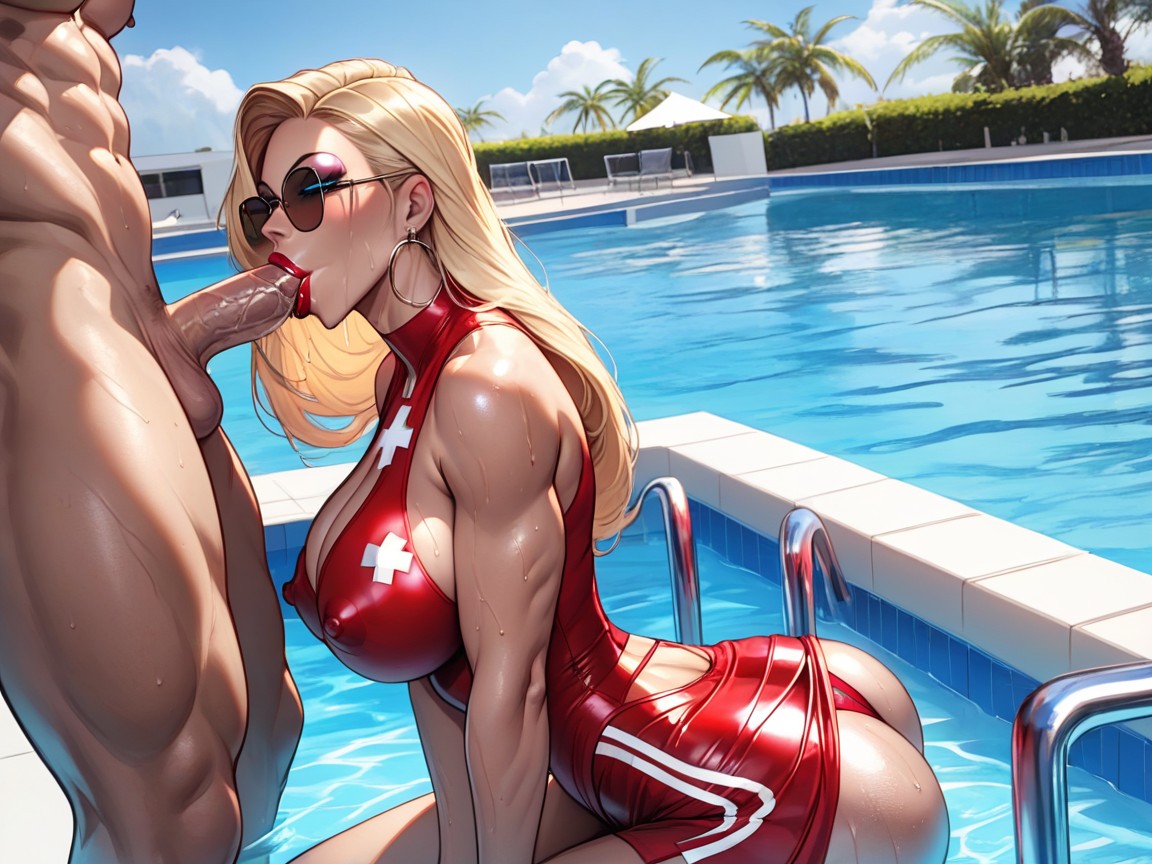 Muscular Man Standing Next To Her, Blue Eyes, Puffy Breast Hentai AI Porn
