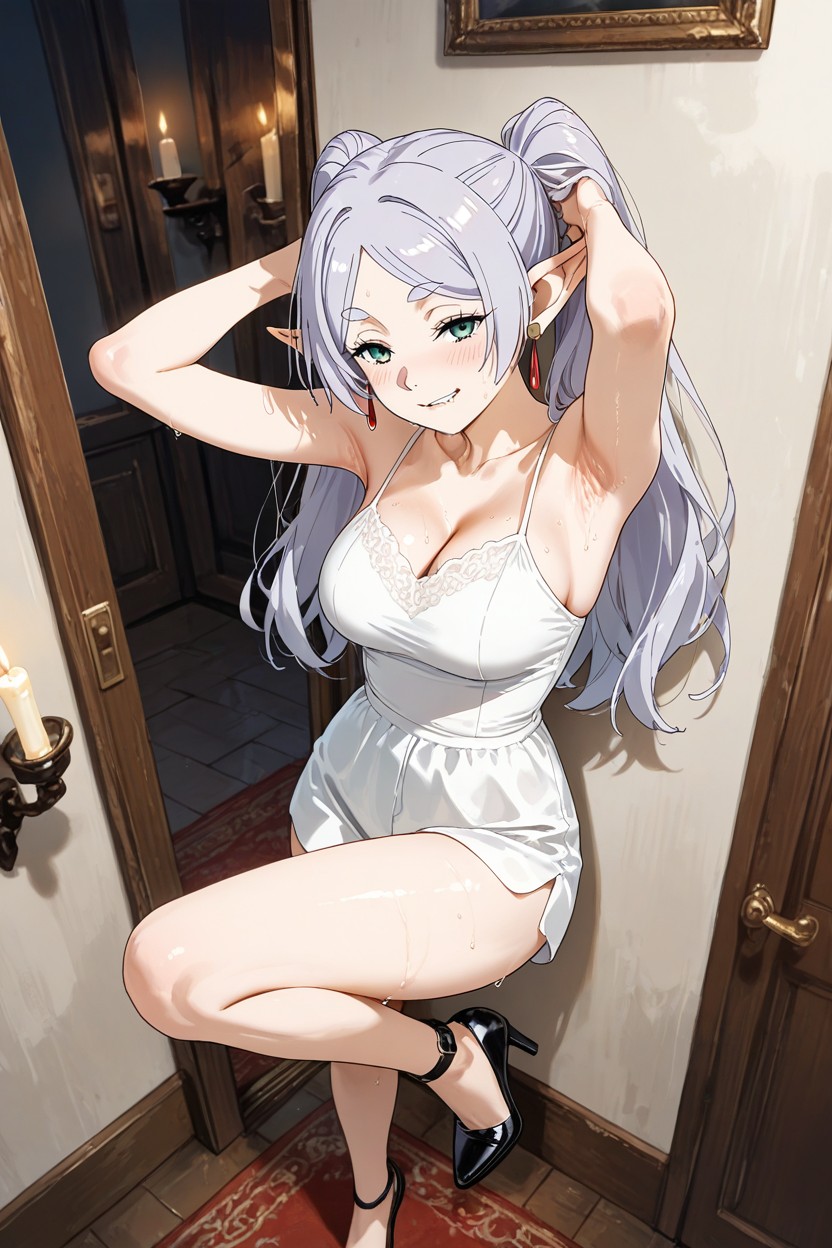 Biting Lip, Black High Heels On Feet With Straps On Ankles, Slight Blush Hentai AI Porn