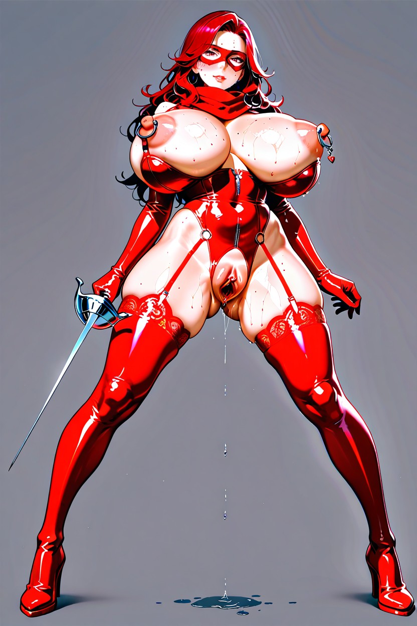 Engorged Clitoris, Super Detailed Pussy, Long Red Latex Arm Gloves Hentai AI Porn