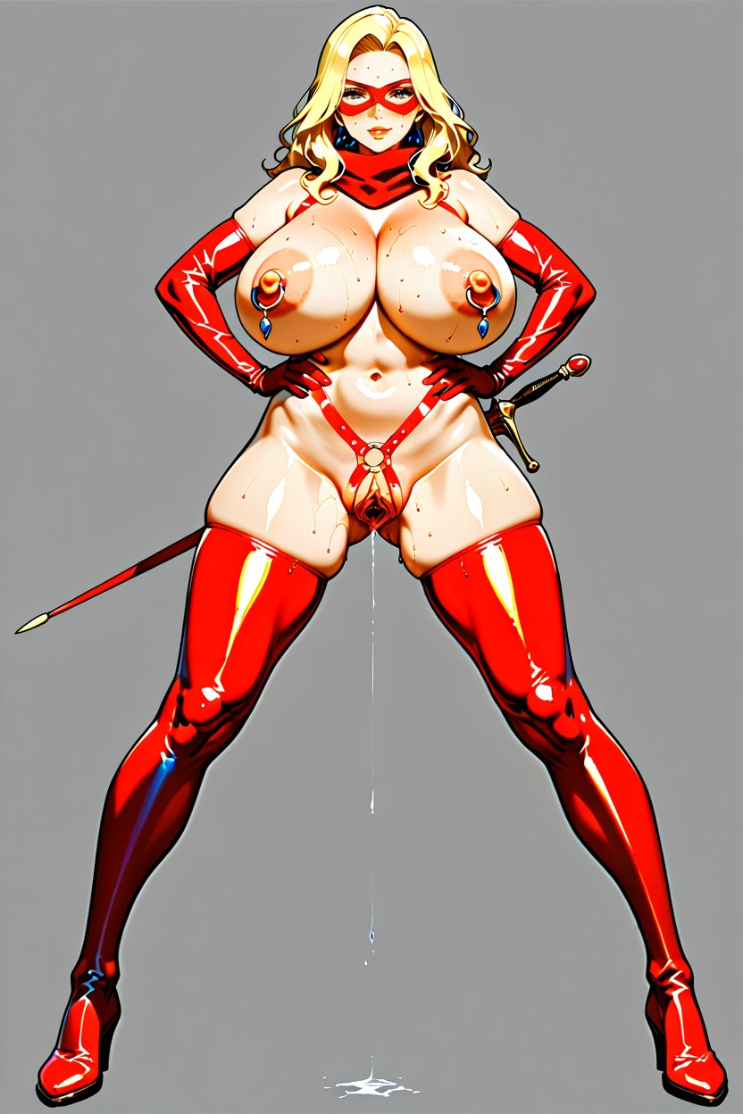 Red Long Lace Nylon Stockings, Red Pussy Dilation Belt, Open Pussy Hentai AI Porn
