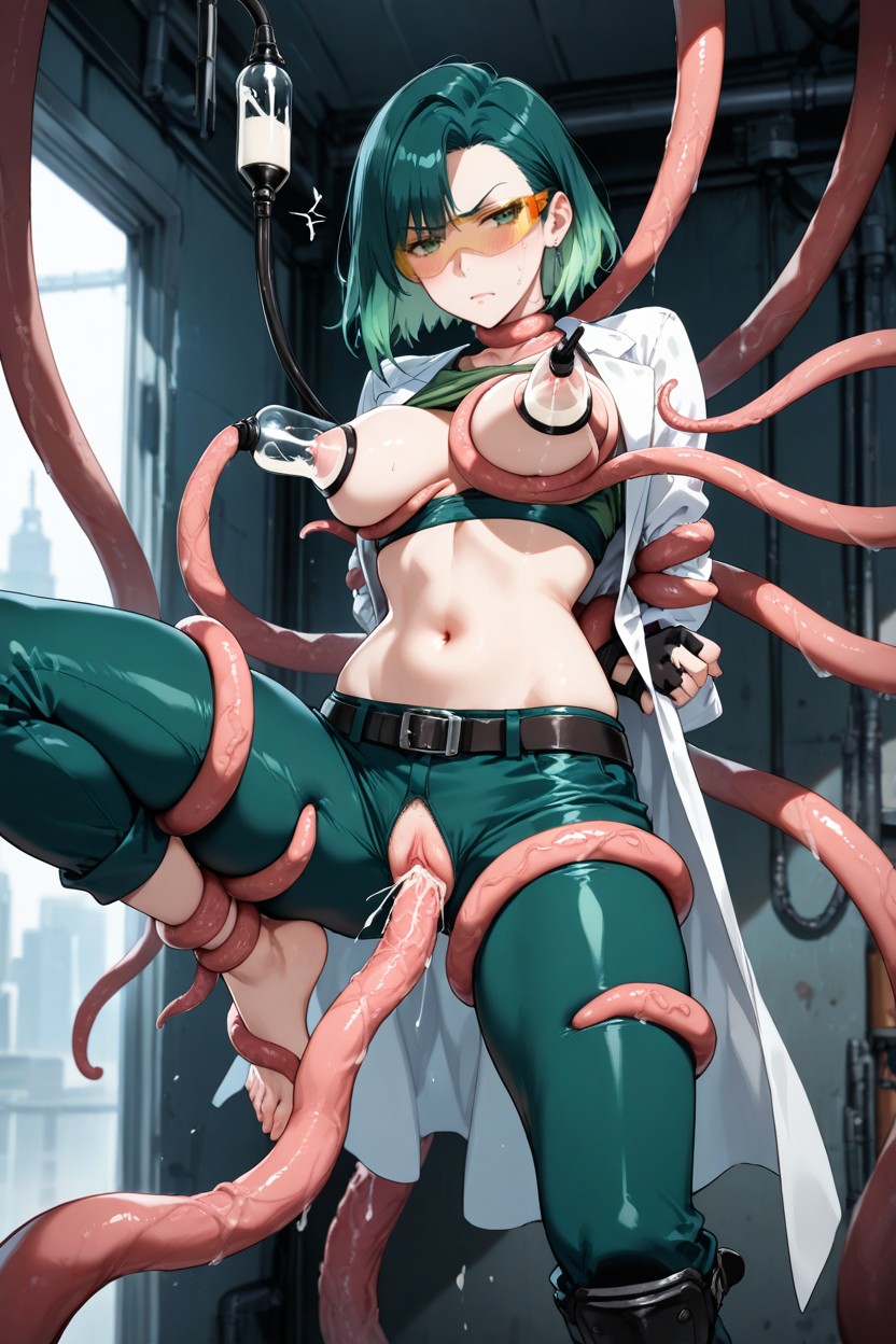 Olive Green Crop Top Exposing Midriff, Disgusted, Spiky Wild Voluminous Hair Hentai AI Porn