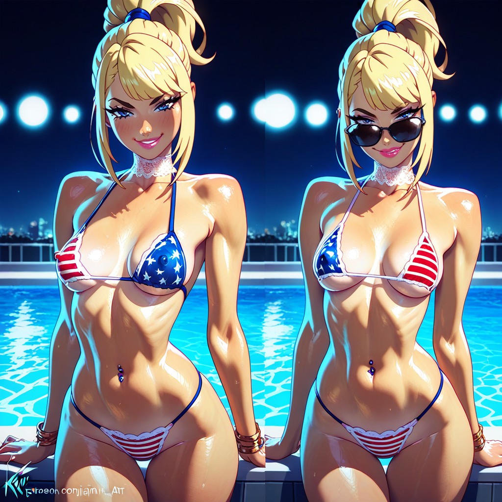 Micro Bikini, Round Black Sunglasses On Top Of Head, Elegant Pool Hentai AI Porn
