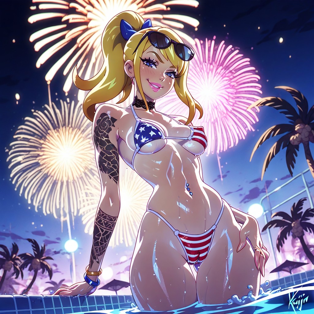 Round Black Sunglasses On Top Of Head, Fireworks, Medium Length Hair Hentai IA