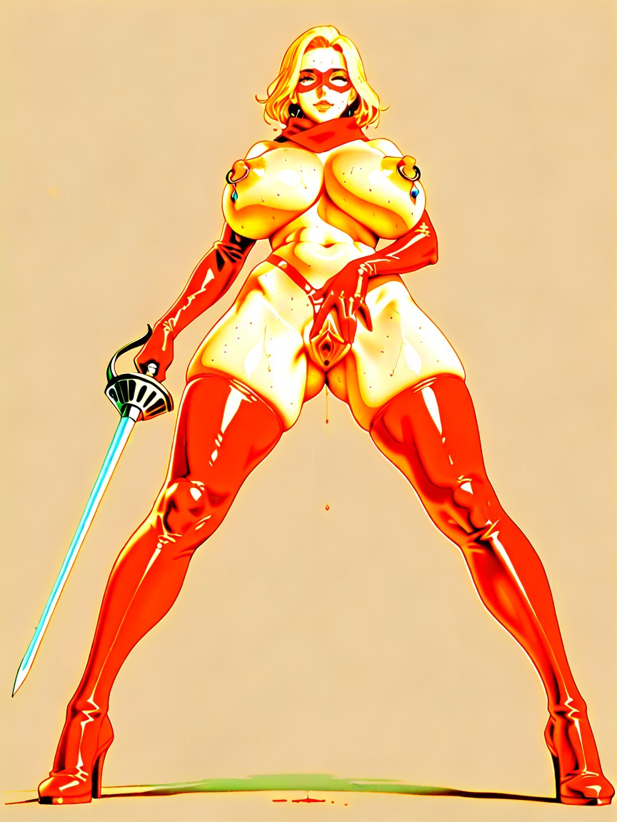 Red Thigh High Latex Boots, Red Long Lace Nylon Stockings, Massive Natural Breasts Hentai AI Porn