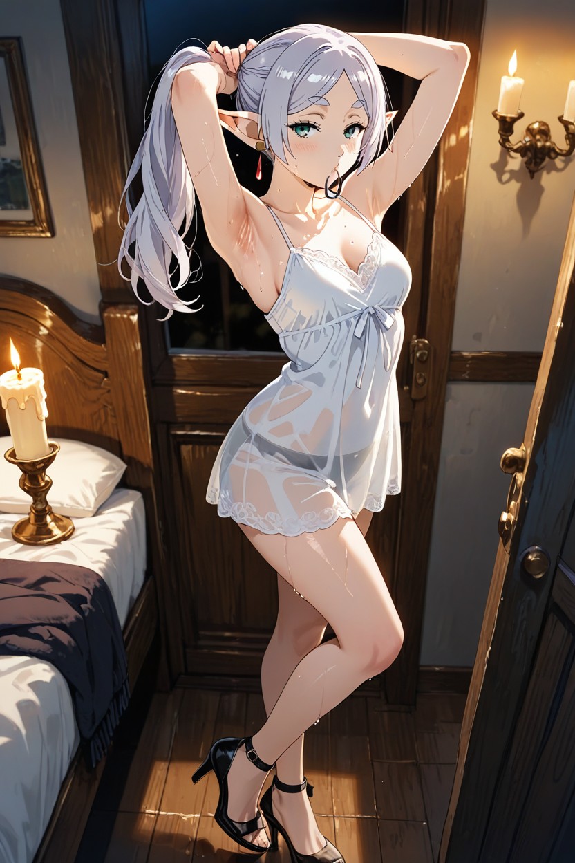 She Have Her Back Against The Wall, Slightly Sweaty Armpits, Seductive Eyes Hentai IA
