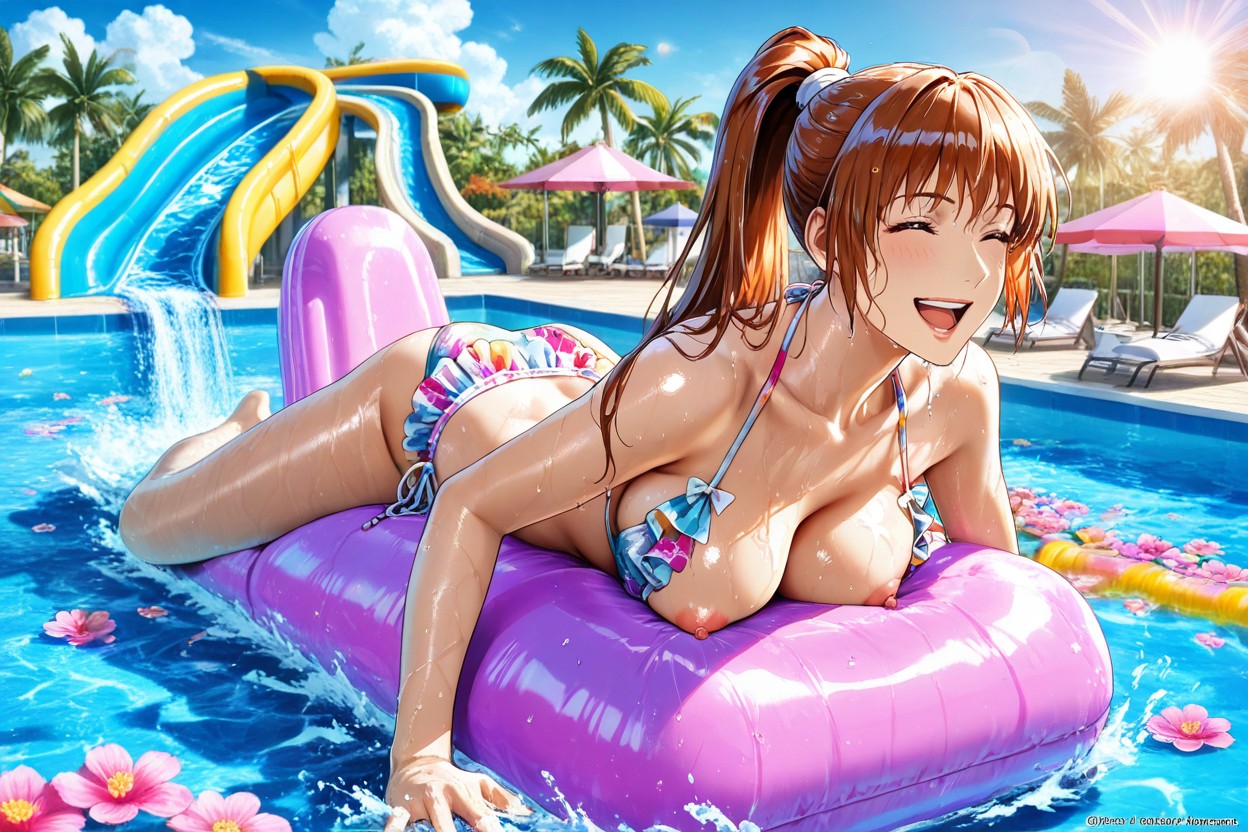 Cheerful Laugh, Torus Shaped Pool Floats, Medium Breast Hentai AI Porn