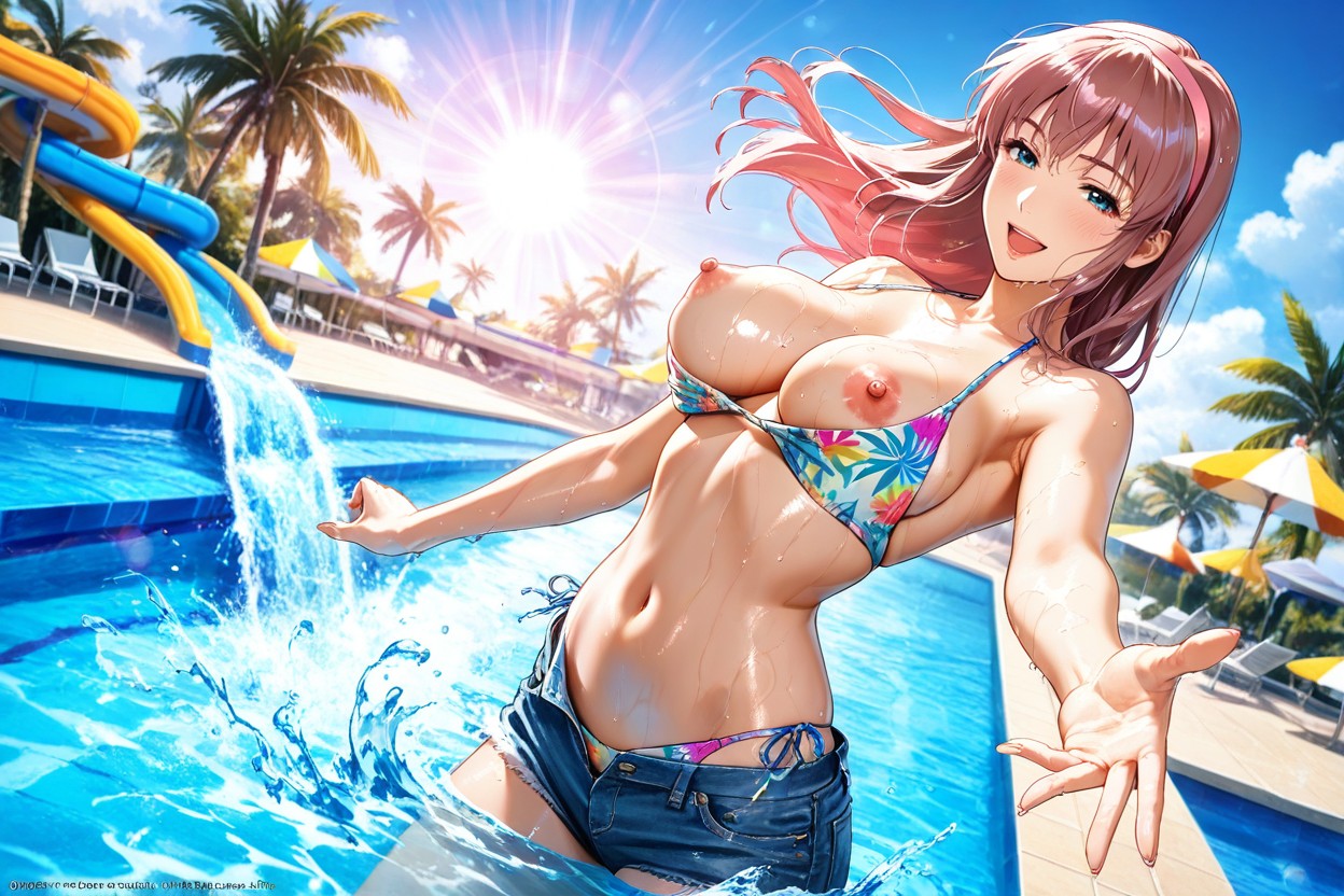 Wet Hair, Open Mouth, Bikini Top Pulled Down Hentai IA